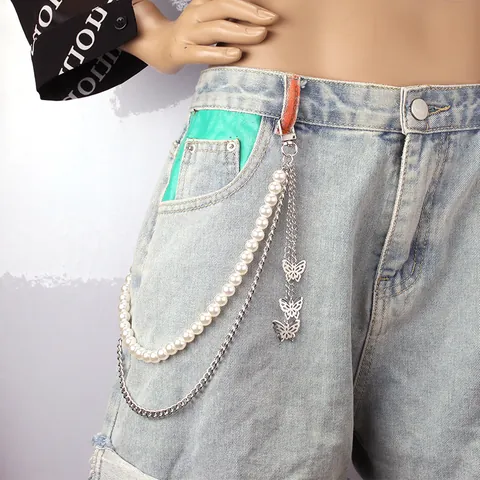 Punk Layered Trouser Chain For Women Men Hip Hop Butterfly Heart Pearl Pendant Silver Alloy Waist Chain Streetwear Jewelry