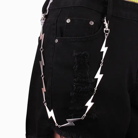 Hip Hop Punk Metal Pant Chain With Lightning Flame Design Double Layer Silver Waist Belt Chain For Jeans Men Women