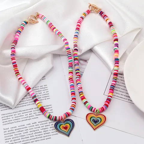 Bohemian Rainbow Heart Pendant Necklace Handmade Colorful Polymer Clay Heishi Beaded Jewelry For Women Summer Beach Gift