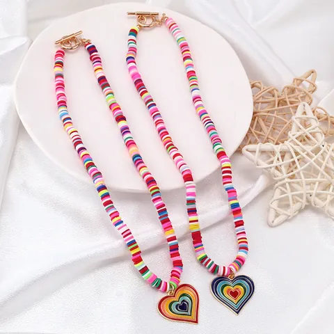 Bohemian Rainbow Heart Pendant Necklace Handmade Colorful Polymer Clay Heishi Beaded Jewelry For Women Summer Beach Gift