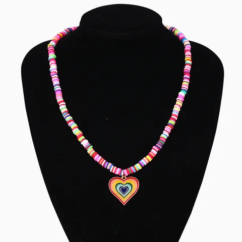 Bohemian Rainbow Polymer Clay Heishi Beaded Necklace For Women Colorful Heart Pendant Alloy Enamel Beach Vacation Jewelry Gift