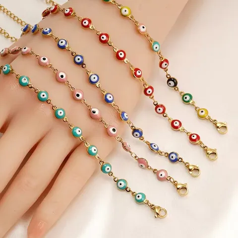 Bracelet Mauvais Œil en Acier Inoxydable pour Femme Plaqué Or 18K Émail Œil Turc Chaîne Réglable Bijoux Cadeau