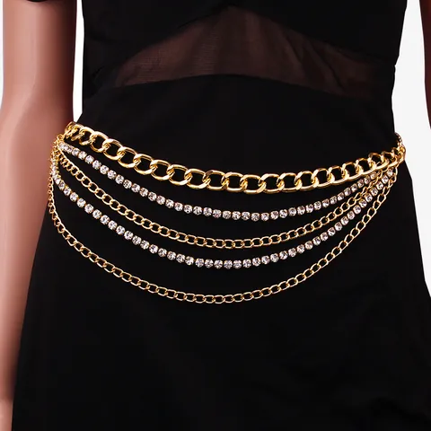Sexy Catena in Vita Multistrato in Lega d'Oro Con Strass Scintillanti Catena per il Corpo Regolabile Gioielli per Donna Party Beach Club