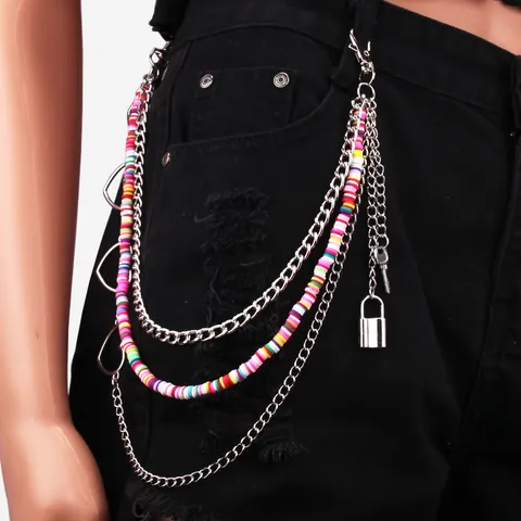 Layered Alloy Pant Chain With Colorful Heishi Beads Heart Padlock Key Pendant For Women Men Hip Hop Streetwear Pant Jewelry