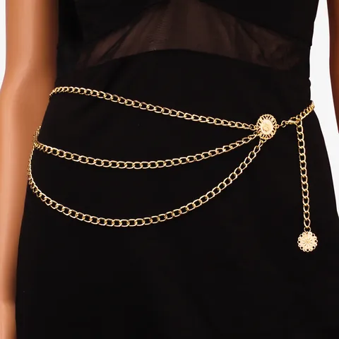 Women Gold Metal Waist Chain Layered Belt With Artificial Pearl Coin Sunflower Pendant Fashionable Body Chain Dress Accessory