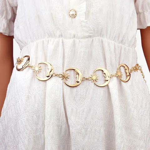 Bohemian Sun Moon Star Metal Waist Chain Punk Style Embossed Face Body Chain Jewelry For Women Gold Silver Tone
