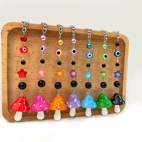 Cartoon Mushroom Evil Eye Keychain Colorful Resin Beaded Bag Charm Boho Pendant For Women Backpack Purse Accessories