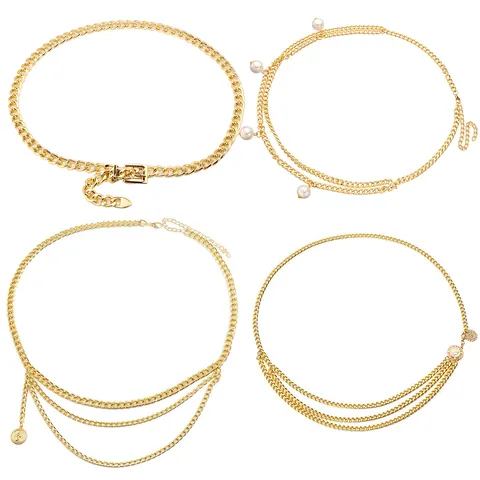 Women Gold Metal Waist Chain Layered Belt With Artificial Pearl Coin Sunflower Pendant Fashionable Body Chain Dress Accessory