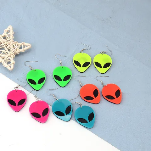 Neon Alien Face Acrylic Drop Earrings For Women Men Punk Street Style Funky Alloy Jewelry Unique Gift