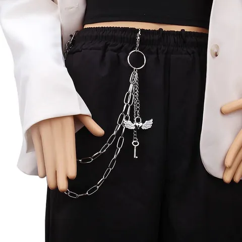 Punk Rock Multi-layer Alloy Pants Chain With Feather Heart Wing Key Pendant For Men Women Gothic Silver Waist Chain Jewelry