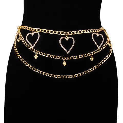 Fashion Gold Layered Waist Chain Belt With Rhinestone Hollow Heart Pendant Women Alloy Multi-Layer Body Jewelry Dress Accessory