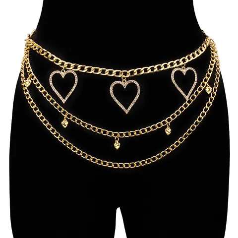 Fashion Gold Layered Waist Chain Belt With Rhinestone Hollow Heart Pendant Women Alloy Multi-Layer Body Jewelry Dress Accessory