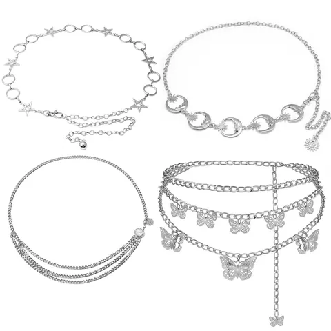 Vintage Layered Silver Metal Waist Chain Belt With Moon Star Butterfly Pendant Gothic Punk Body Jewelry For Women