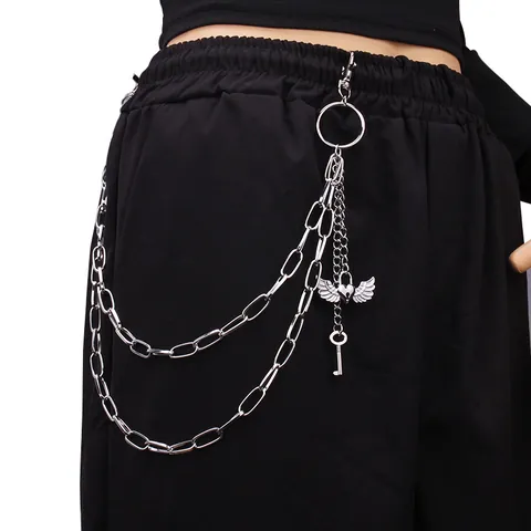 Punk Multilayer Alloy Silver Pants Chain With Winged Heart Pendant And Vintage Key Waist Chain For Women Men Streetwear