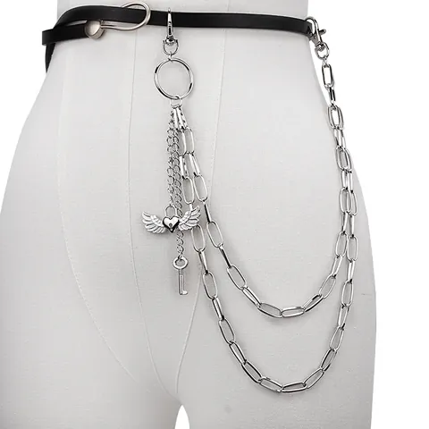 Punk Multilayer Alloy Silver Pants Chain With Winged Heart Pendant And Vintage Key Waist Chain For Women Men Streetwear