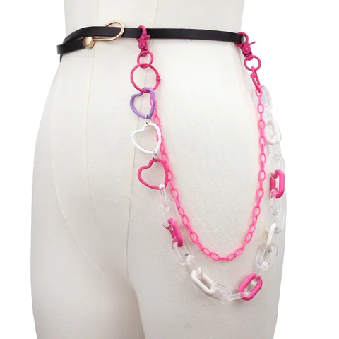 Y2K Hip Hop Acrylic Double Layer Pants Chain With Heart Charms Pink Purple Rainbow Metal Waist Chain For Jeans Skirt Decoration