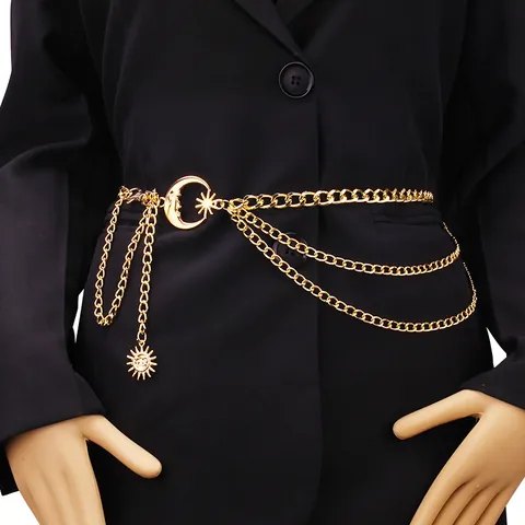 Women Bohemian Alloy Gold Silver Layered Waist Chain Sun Moon Pendants Adjustable Metal Body Belt Jewelry For Dress Pants