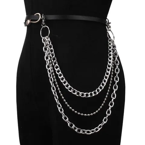 Punk Catena per Pantaloni in Metallo a Più Strati Hip Hop Lega Argento Jeans Catena da Vita Anelli Moschettone Gothic