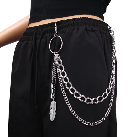 Catena Pantaloni Lega Argento Multistrato Con Ciondolo Piuma Anello Metallo Punk Street Style Catena Vita Unisex