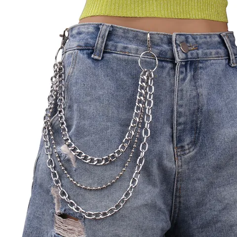 Punk Catena per Pantaloni in Metallo a Più Strati Hip Hop Lega Argento Jeans Catena da Vita Anelli Moschettone Gothic
