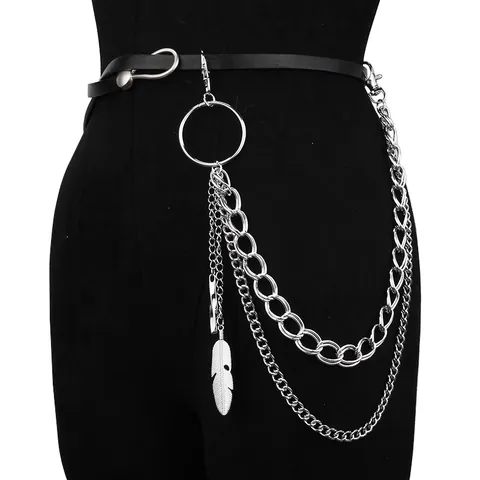 Catena Pantaloni Lega Argento Multistrato Con Ciondolo Piuma Anello Metallo Punk Street Style Catena Vita Unisex