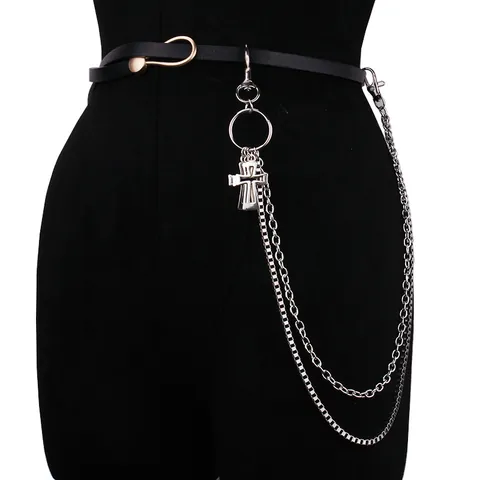 Catena per Pantaloni in Metallo a Doppio Strato Punk Gothic Con Pendente a Croce E Piuma Gioielli per Cintura Hip Hop Unisex
