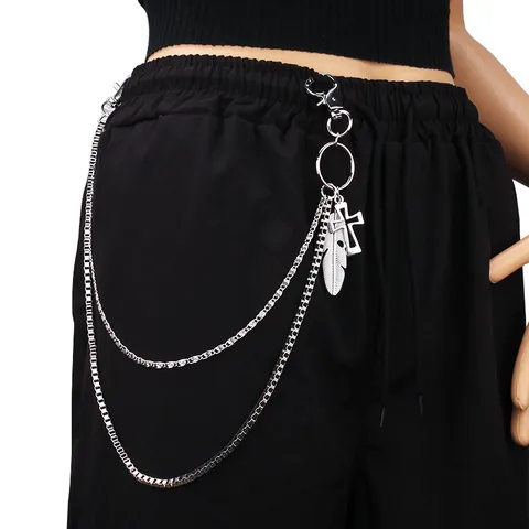 Catena per Pantaloni in Metallo a Doppio Strato Punk Con Pendente a Croce e Piuma Catena per Cintura in Vita Streetwear Hip Hop Unisex