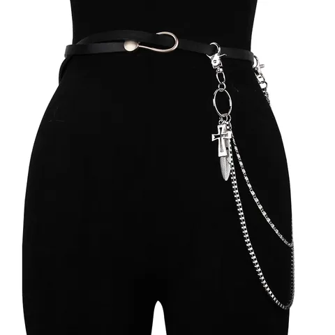 Catena per Pantaloni in Metallo a Doppio Strato Punk Con Pendente a Croce e Piuma Catena per Cintura in Vita Streetwear Hip Hop Unisex