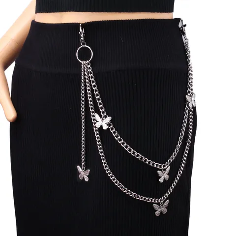 Catena in Vita da Donna Punk Retro Multistrato in Lega di Metallo Argento Pendente Farfalla Catena Pantaloni Hip Hop Y2K