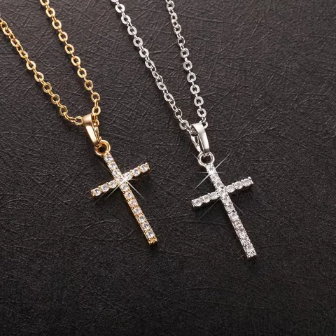 Collana Con Pendente a Croce in Lega di Moda Per Donna Oro Argento Placcato Zirconia Intarsiato Gioielli Cristiani Religiosi Regalo Festa Quotidiana