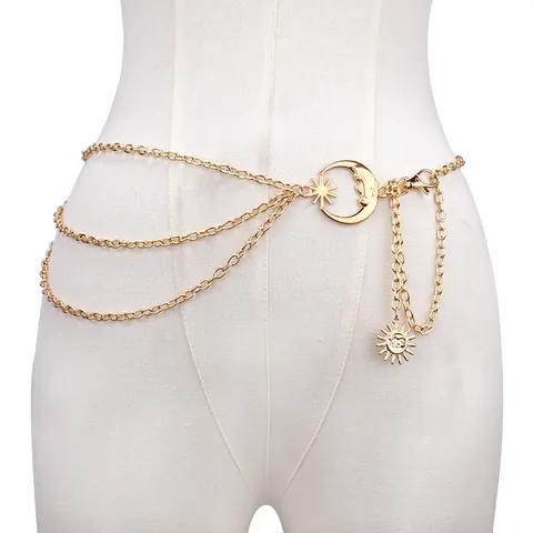Women Bohemian Alloy Gold Silver Layered Waist Chain Sun Moon Pendants Adjustable Metal Body Belt Jewelry For Dress Pants