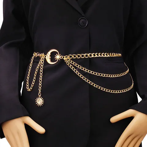 Women Bohemian Alloy Gold Silver Layered Waist Chain Sun Moon Pendants Adjustable Metal Body Belt Jewelry For Dress Pants