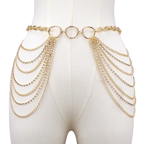 Multi-Layer Metal Chain Waist Chain For Women Rhinestone Inlaid Tassel Body Chain Sexy Bikini Decoration Belt Jewelry