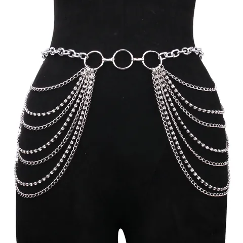 Multi-Layer Metal Chain Waist Chain For Women Rhinestone Inlaid Tassel Body Chain Sexy Bikini Decoration Belt Jewelry