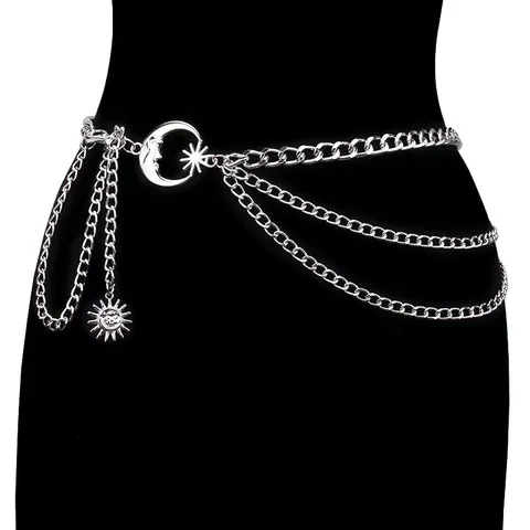 Women Multi-Layer Metal Chain Waist Belt With Moon Sun Pendants Punk Retro Boho Hip Hop Body Jewelry Accessory
