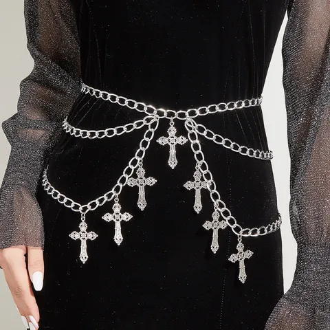 Gothic Gelaagde Legering Metalen Lichaamsketting Met Opengewerkte Kruis Hangers Punk Stijl Taille Riem Sexy Party Sieraden Vrouwen