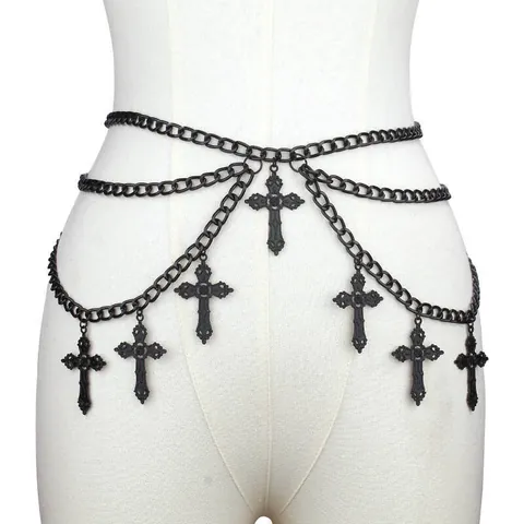 Punk Hip Hop Multi-layer Alloy Waist Chain With Cross Pendants Gothic Body Chain Jewelry For Women Party Club Adjustable Belly Chain