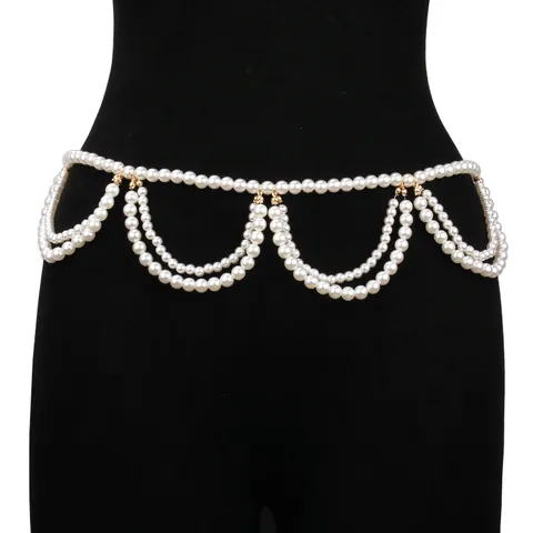 Vintage French Pearl Waist Chain For Women Alloy Gold Silver Metal Link Tassel Belt Decorative Body Chain Accessory For Dress