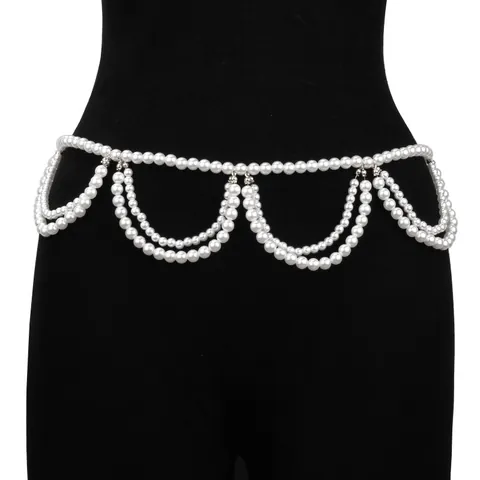 Vintage French Pearl Waist Chain For Women Alloy Gold Silver Metal Link Tassel Belt Decorative Body Chain Accessory For Dress