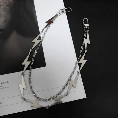 Punk Metal Double Layer Pants Chain With Lightning Bolt Charms Gothic Silver Waist Chain For Jeans Women Men Jewelry