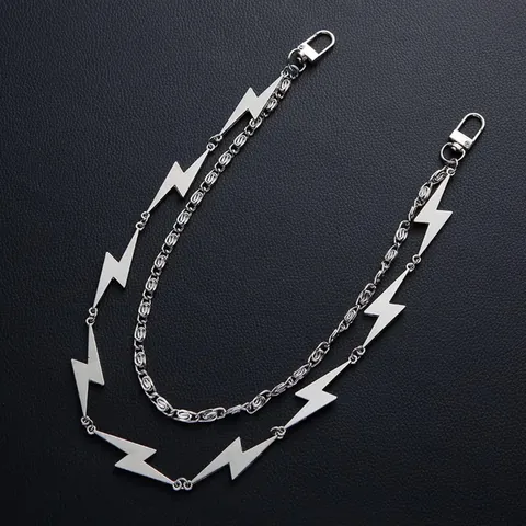 Punk Metal Double Layer Pants Chain With Lightning Bolt Charms Gothic Silver Waist Chain For Jeans Women Men Jewelry