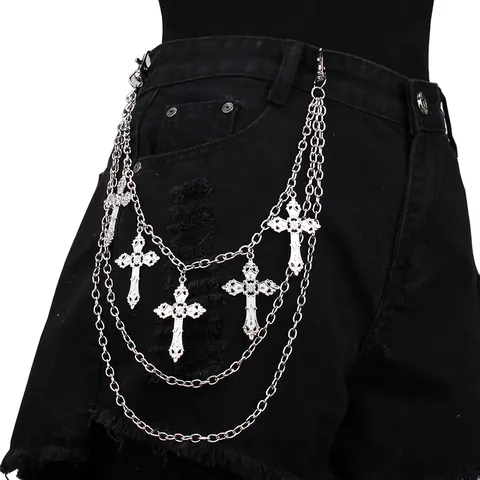 Gothic Punk Multi Layer Cross Pendant Pant Chain Metal Alloy Waist Belt Link For Women Jeans Streetwear Hip Hop Accessory