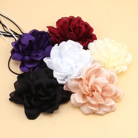 Elegant Oversized Fabric Flower Choker Necklace Satin Rose 3D Floral Ribbon Long Tie Adjustable For Women Wedding Party French Jewelry