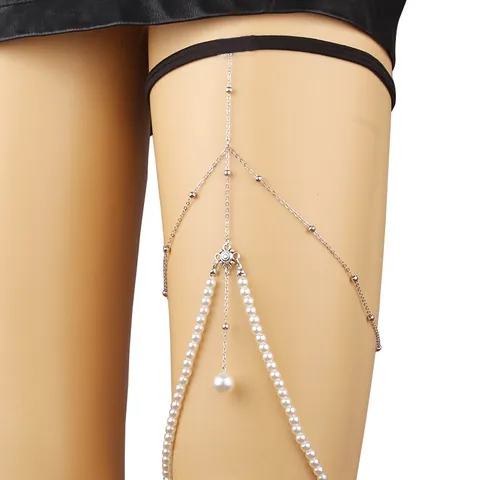 Fashion Sexy Multi Layer Imitation Artificial Pearl Thigh Chain Snake Pendant Leg Chain With Elastic Band Body Jewelry For Women Party