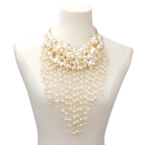 Luxury Alloy Imitation Artificial Pearl Tassel Statement Bib Necklace For Women Vintage Rhinestone Multi Layer Fringe Evening Party Jewelry