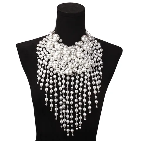 Luxury Alloy Imitation Artificial Pearl Tassel Statement Bib Necklace For Women Vintage Rhinestone Multi Layer Fringe Evening Party Jewelry