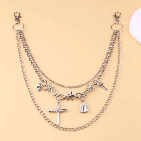 Punk Gothic Mehrlagige Silberlegierung Hosenkette Für Herren Damen Hip Hop Taillenkette Mit Totenkopf Kreuz Schloss Anhänger