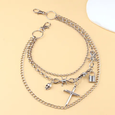 Punk Gothic Mehrlagige Silberlegierung Hosenkette Für Herren Damen Hip Hop Taillenkette Mit Totenkopf Kreuz Schloss Anhänger
