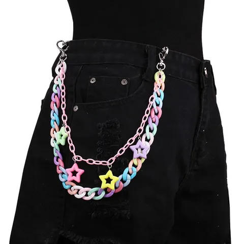 Women Macaron Colorful Acrylic Star Pendant Pant Chain Multilayer Waist Link Belt Harajuku Punk Fashion Accessories