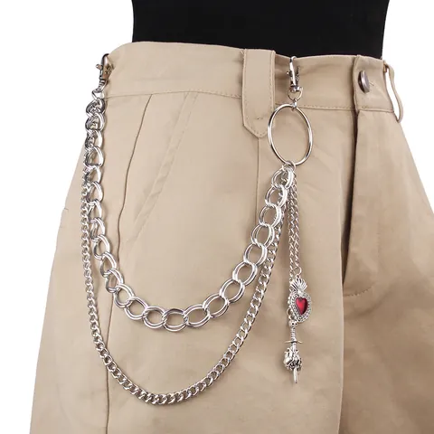 Catena da Pantaloni in Lega Multistrato Hip Hop Placcato Argento Ciondolo Cuore Rosso Spada Punk Gotico Gioielli da Vita Uomo Donna